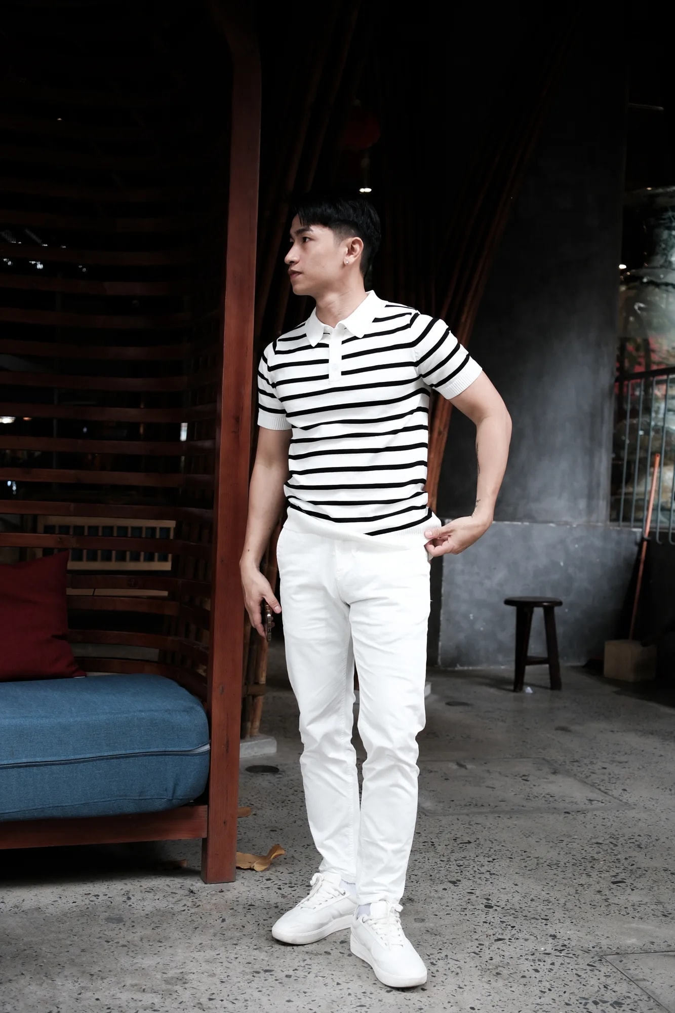 PB1 - Áo Polo Nam Dệt Kim Sọc Đen Trắng Phong Cách Retro Mùa Hè - ảnh 5