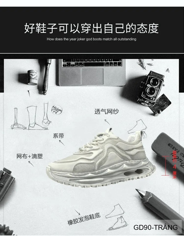 GD90 - Giày thể thao nam kiểu Dad Shoes đế dày, thân lưới thoáng khí, tăng chiều cao, phối màu Trắng Đen - ảnh 12