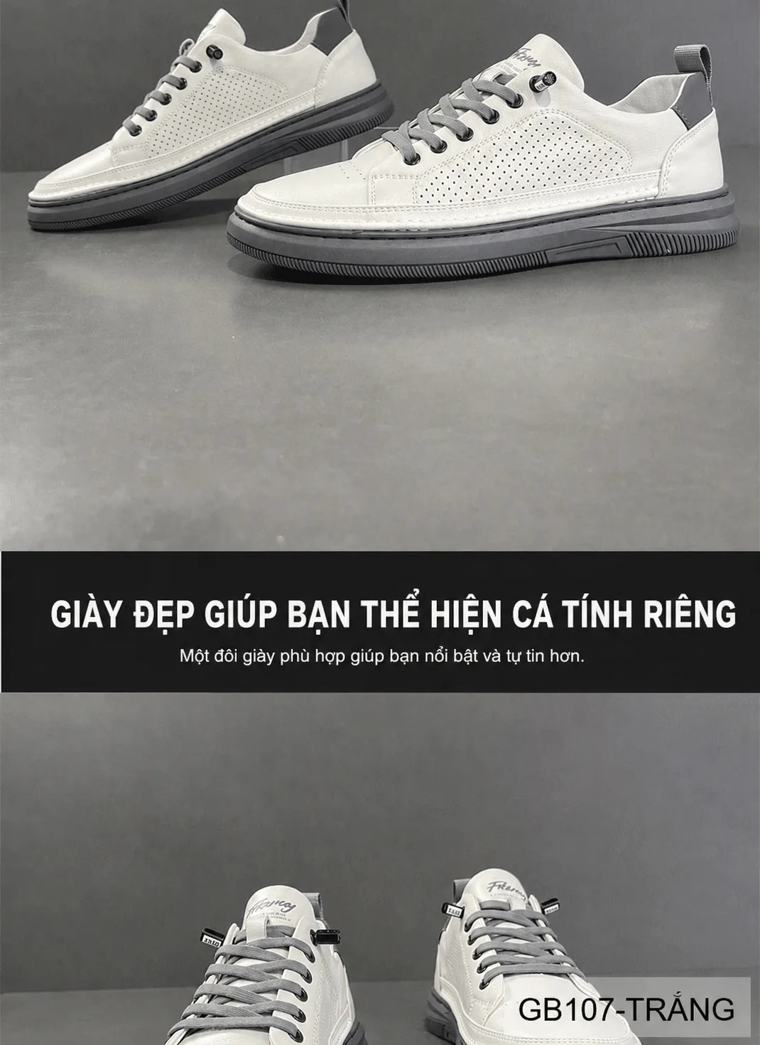 GB107 - Giày nam da thật đế bằng cổ thấp phong cách châu Âu, phối màu trắng sang trọng - ảnh 7