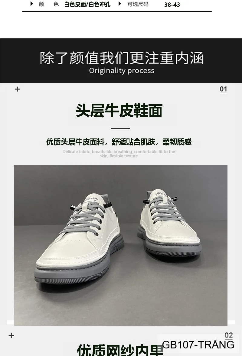GB107 - Giày nam da thật đế bằng cổ thấp phong cách châu Âu, phối màu trắng sang trọng - ảnh 17