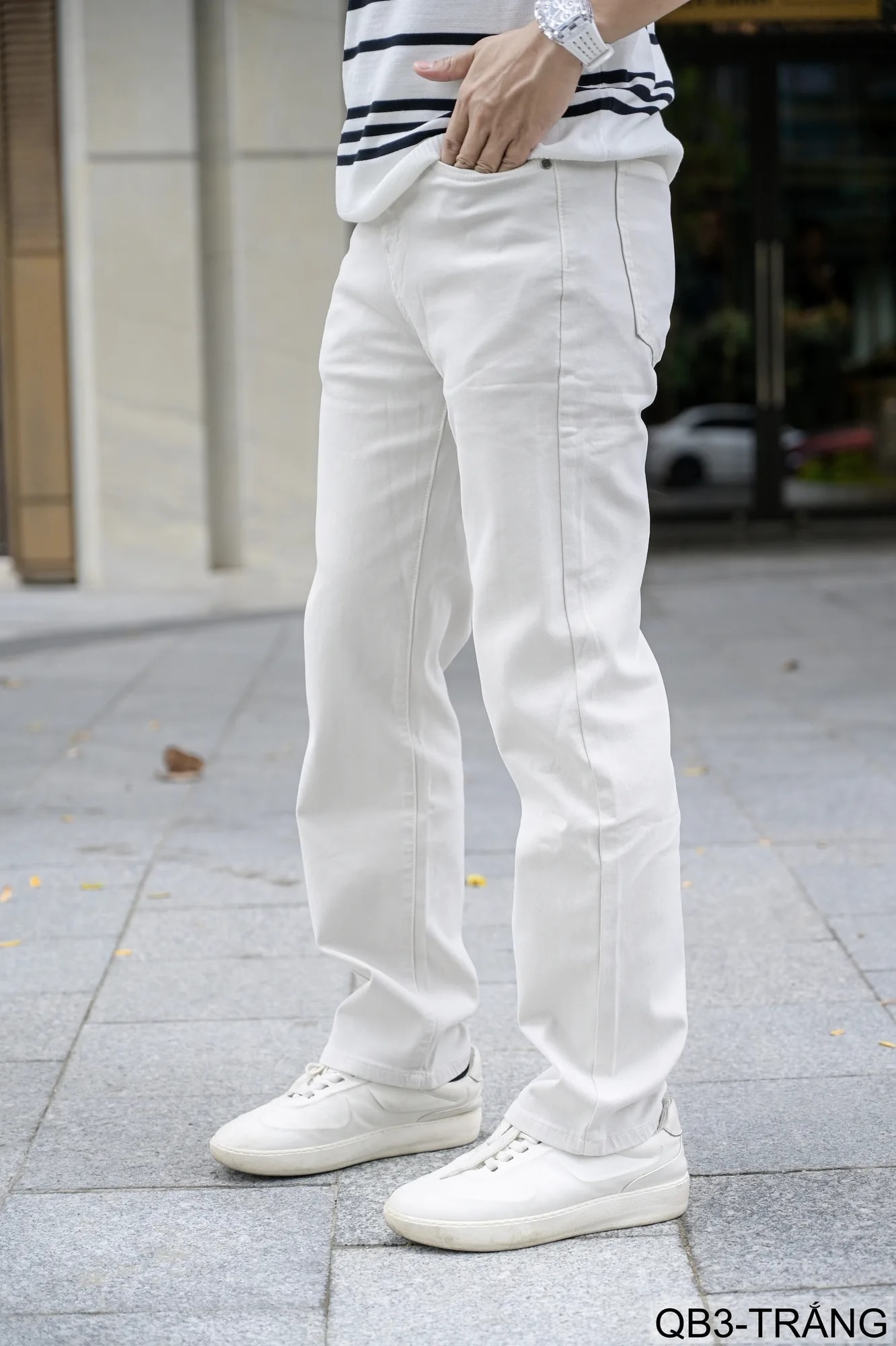 QB3 - Quần jeans nam ống rộng trắng phong cách retro Mỹ, chất cotton mềm mại, form suông thoải mái - ảnh 5