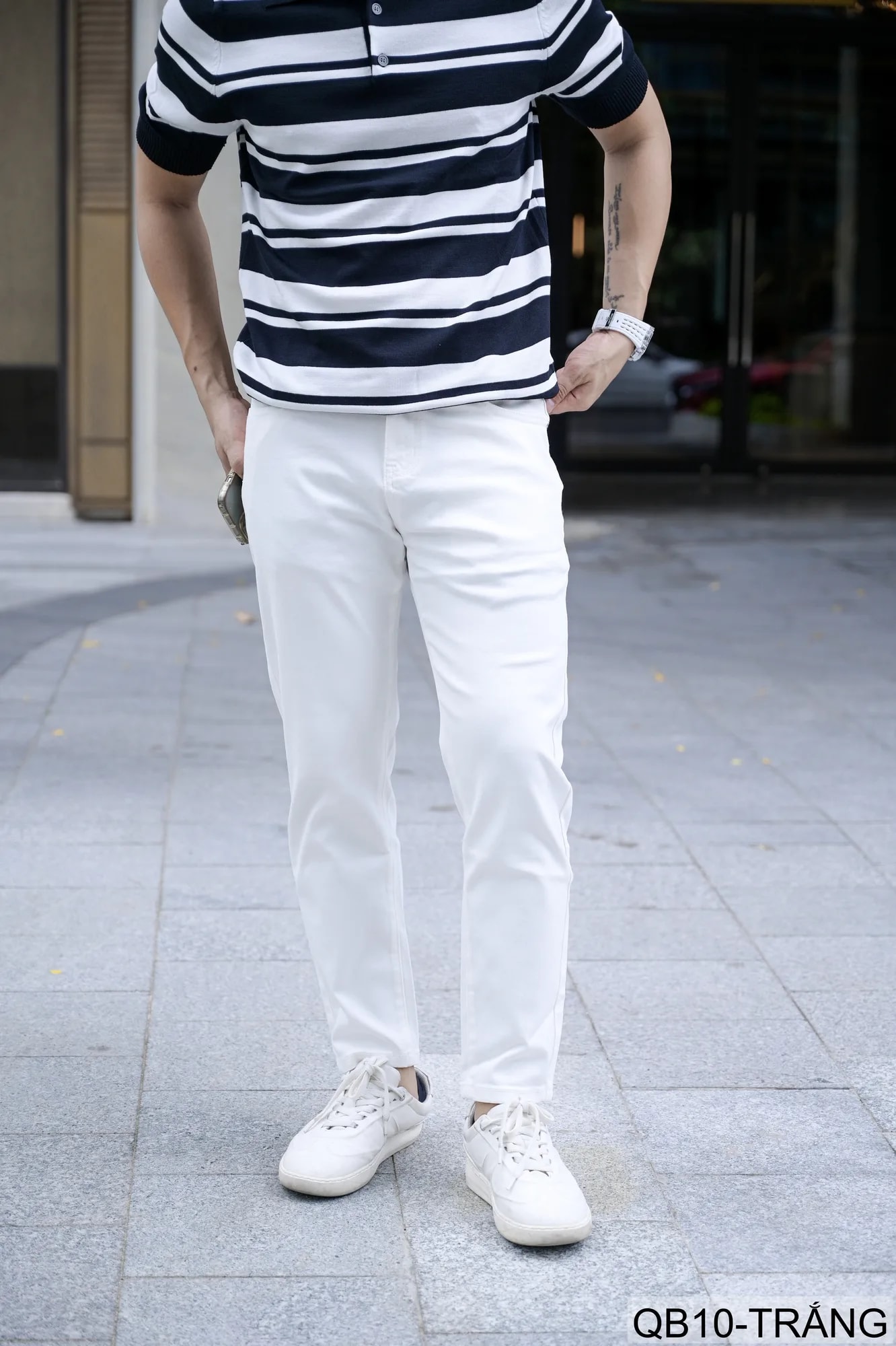 QB10 - Quần jeans nam ống nhỏ co giãn, màu trắng đen, phong cách basic mùa thu - ảnh 8