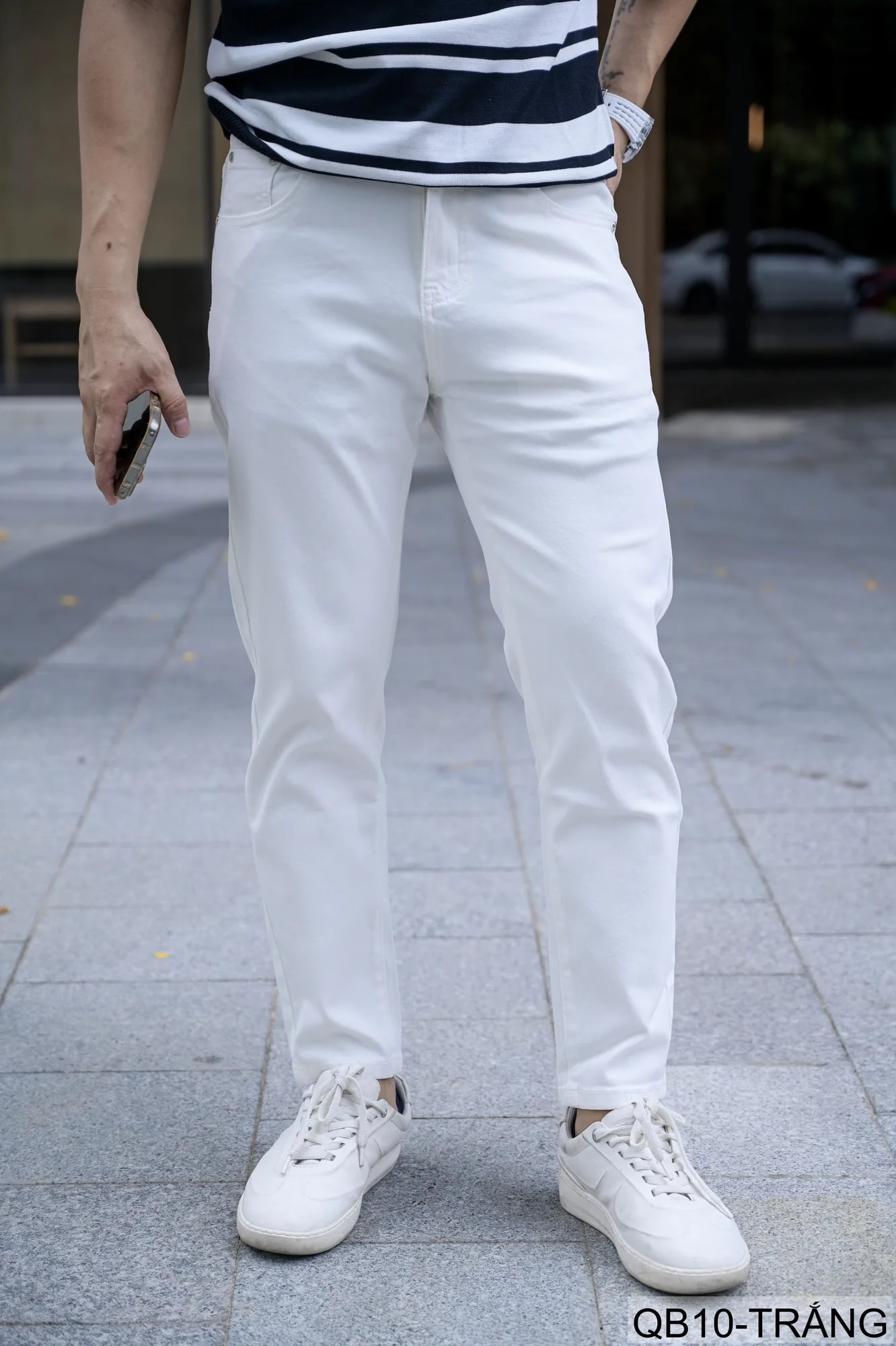 QB10 - Quần jeans nam ống nhỏ co giãn, màu trắng đen, phong cách basic mùa thu - ảnh 2