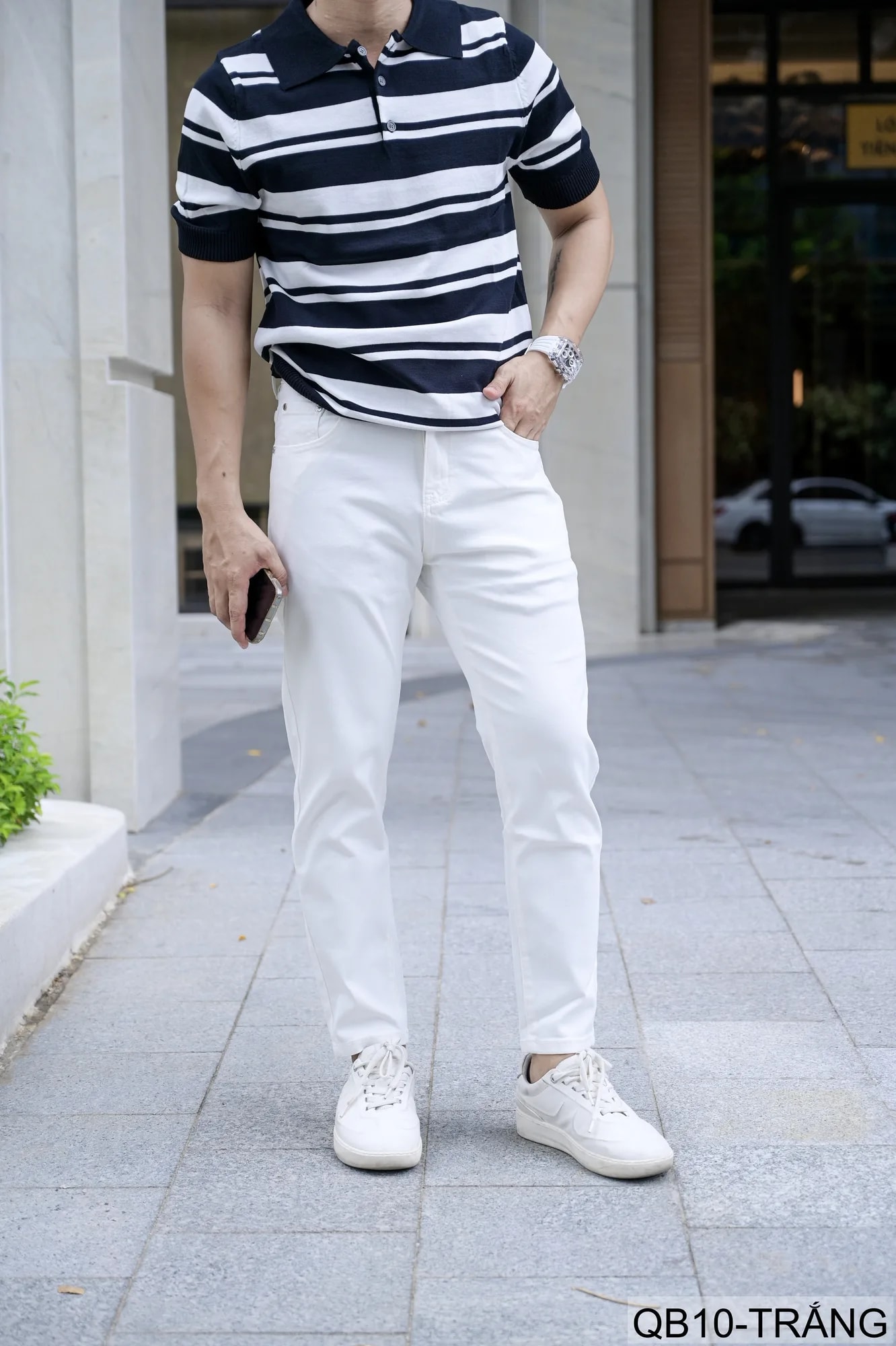 QB10 - Quần jeans nam ống nhỏ co giãn, màu trắng đen, phong cách basic mùa thu - ảnh 4