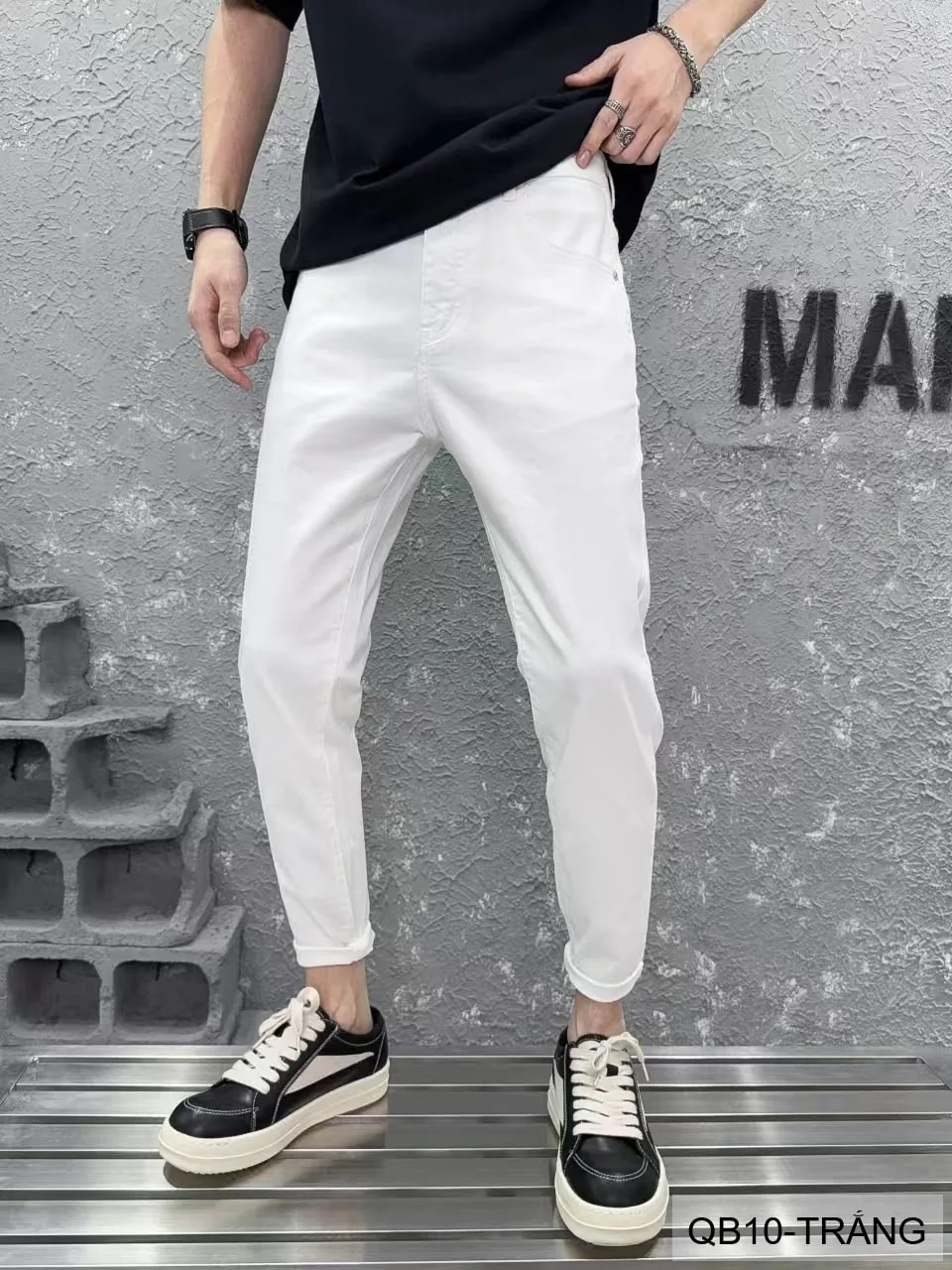 QB10 - Quần jeans nam ống nhỏ co giãn, màu trắng đen, phong cách basic mùa thu - ảnh 12