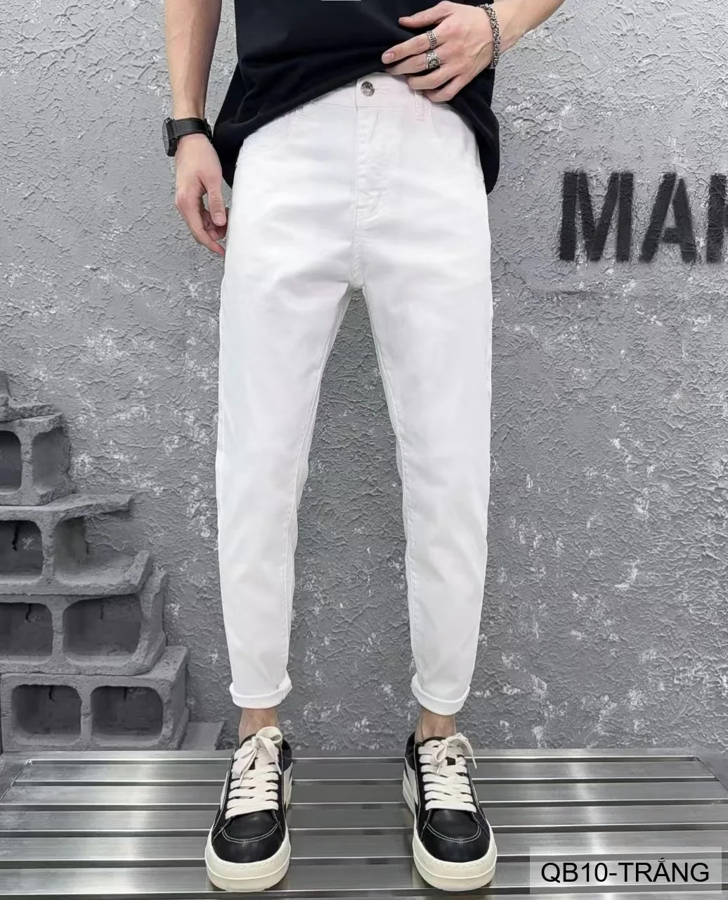 QB10 - Quần jeans nam ống nhỏ co giãn, màu trắng đen, phong cách basic mùa thu - ảnh 10