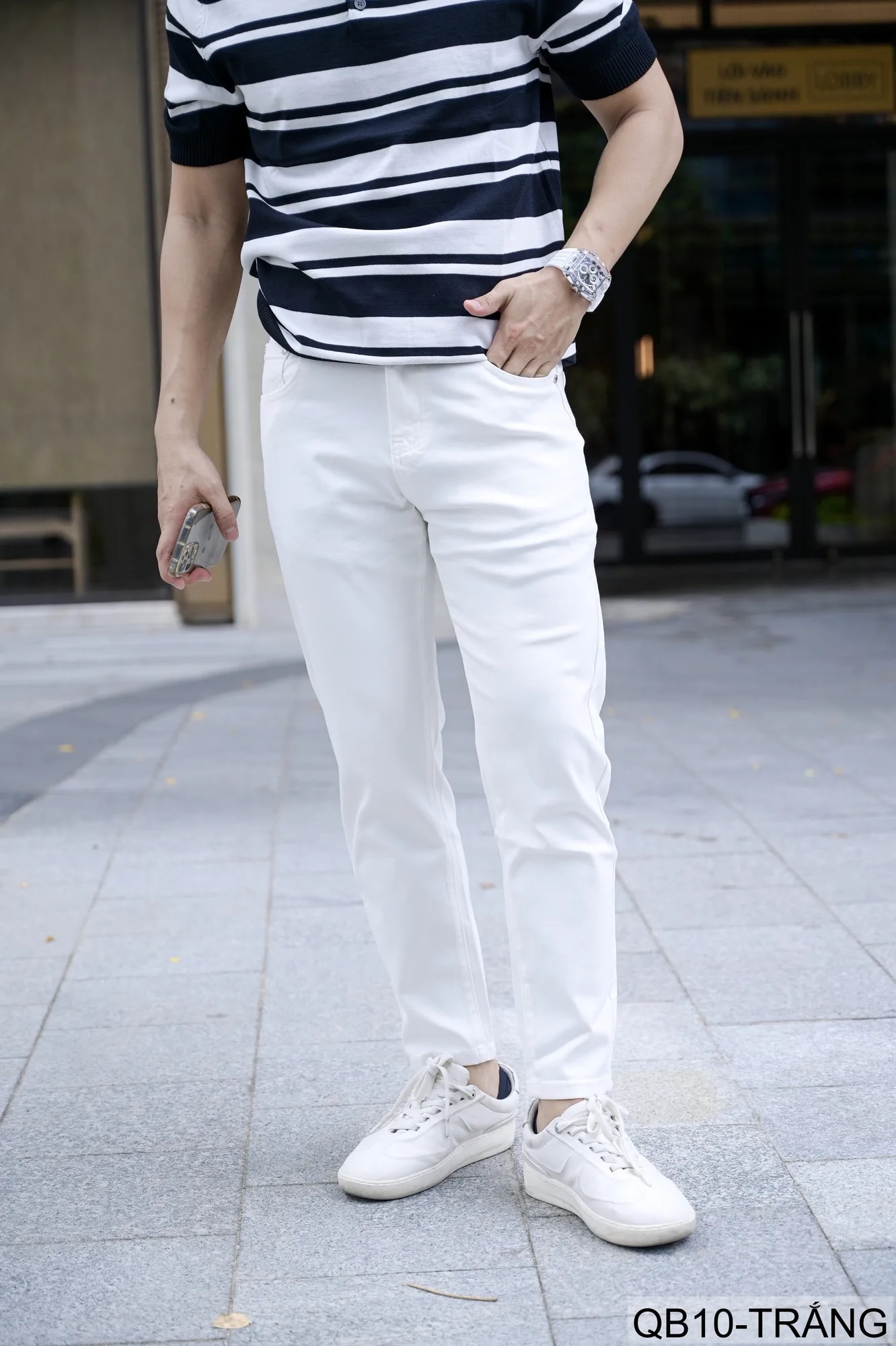 QB10 - Quần jeans nam ống nhỏ co giãn, màu trắng đen, phong cách basic mùa thu - ảnh 6
