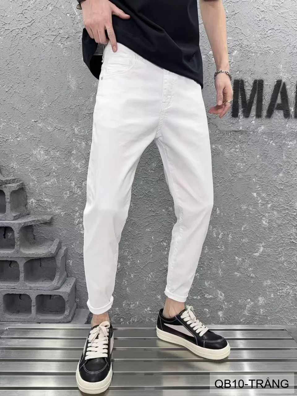 QB10 - Quần jeans nam ống nhỏ co giãn, màu trắng đen, phong cách basic mùa thu - ảnh 11