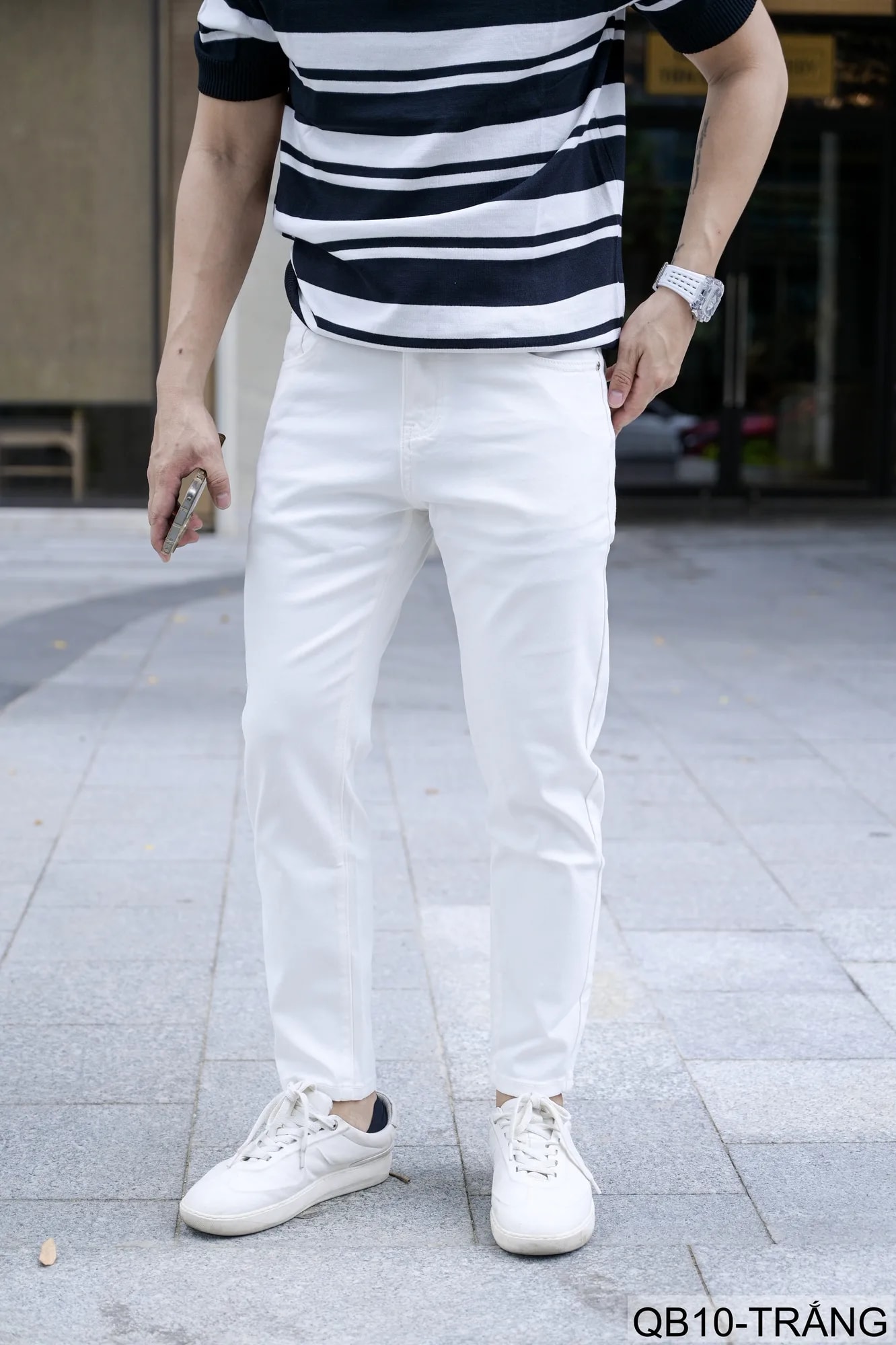 QB10 - Quần jeans nam ống nhỏ co giãn, màu trắng đen, phong cách basic mùa thu - ảnh 3