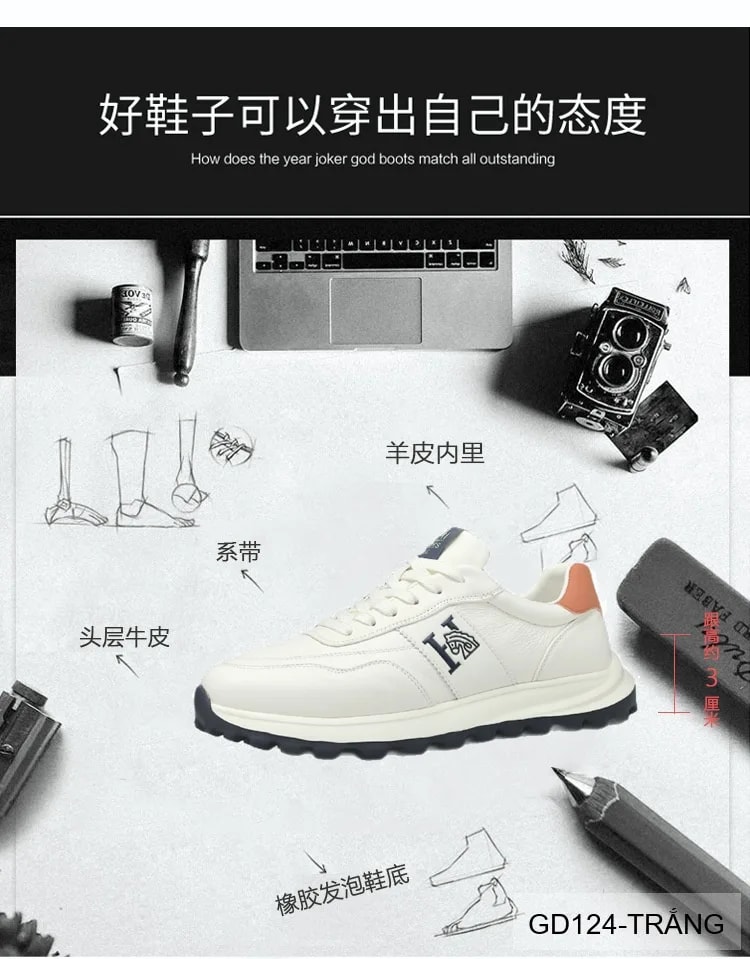 GD124 - Giày thể thao nam da bò cao cấp, phối màu khối, đế cao su êm chân, tăng chiều cao nhẹ - ảnh 13