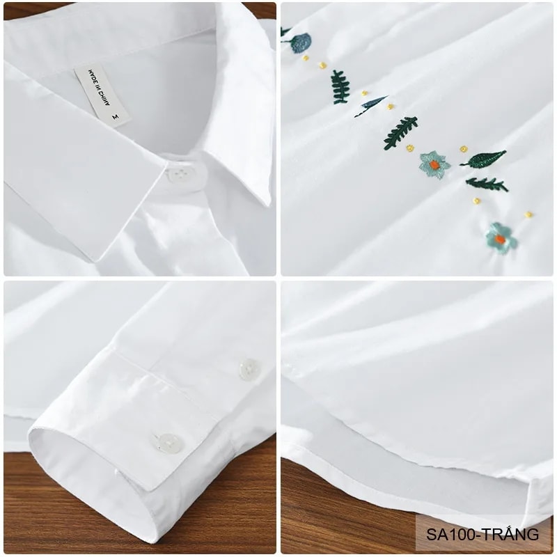SA100 - Áo sơ mi dài tay nữ phong cách Hàn Quốc, cổ ve, thêu hoa nhẹ nhàng, chất cotton mềm mại - ảnh 7