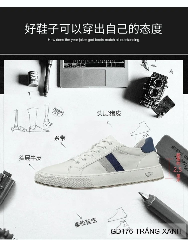 GD176 - Giày thể thao nam trắng phối xanh phong cách Hàn, da bò mềm, đế cao su êm chân - ảnh 20
