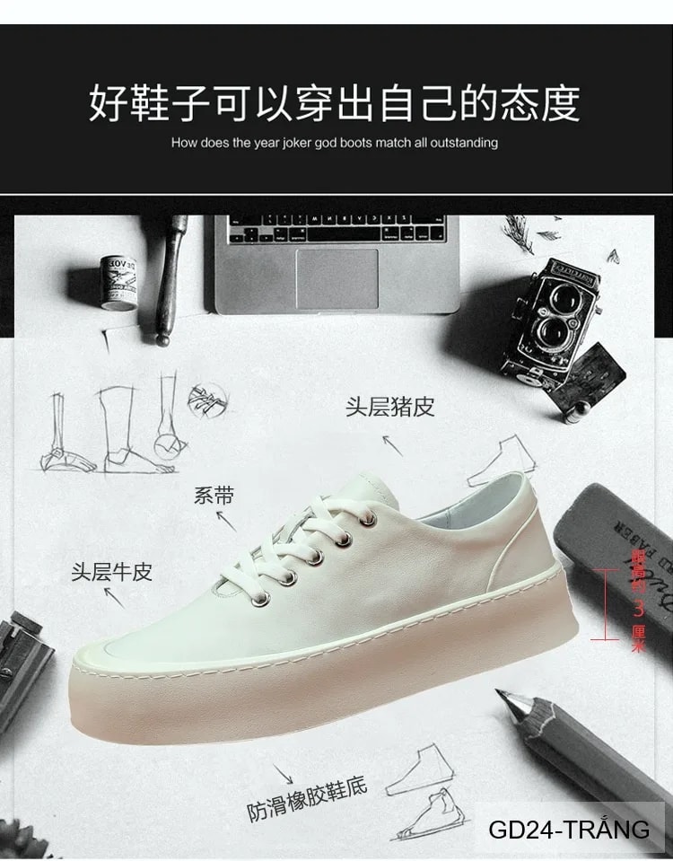 GD24 - Giày Da Bò Nam Đế Bằng Thời Trang Phối Màu Trắng Đen - ảnh 12
