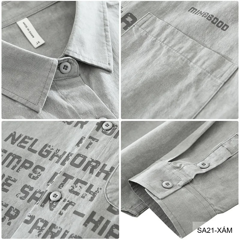 SA21 - Áo sơ mi nam dáng rộng phong cách Nhật Bản, cổ bẻ, tay dài, họa tiết chữ, chất cotton mềm mại - ảnh 9