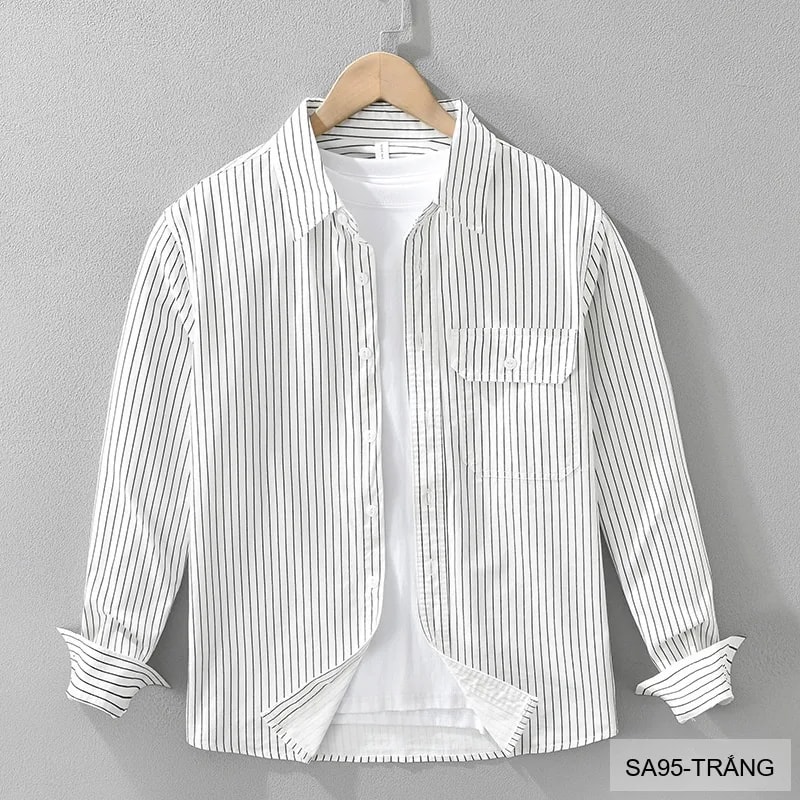 SA95 - Áo sơ mi nam dài tay sọc dọc phong cách Nhật Bản form rộng, chất cotton 100%, phối màu trắng đen - ảnh 1