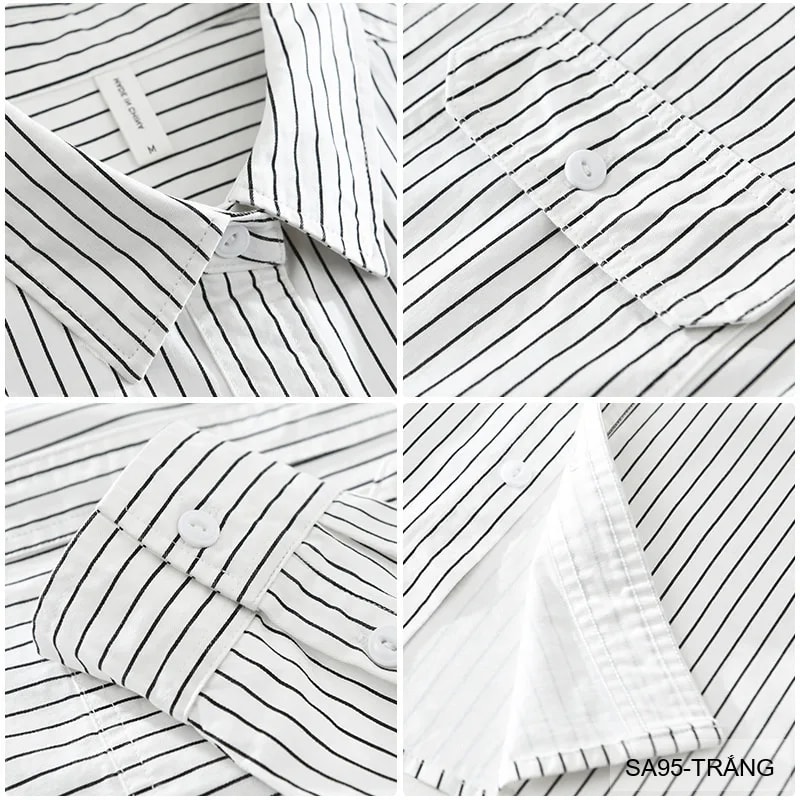 SA95 - Áo sơ mi nam dài tay sọc dọc phong cách Nhật Bản form rộng, chất cotton 100%, phối màu trắng đen - ảnh 4