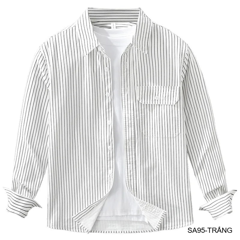 SA95 - Áo sơ mi nam dài tay sọc dọc phong cách Nhật Bản form rộng, chất cotton 100%, phối màu trắng đen - ảnh 5