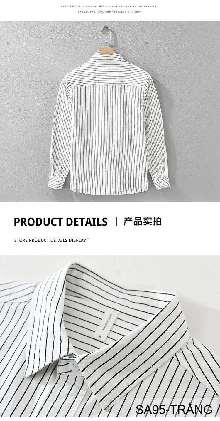 SA95 - Áo sơ mi nam dài tay sọc dọc phong cách Nhật Bản form rộng, chất cotton 100%, phối màu trắng đen - ảnh 8