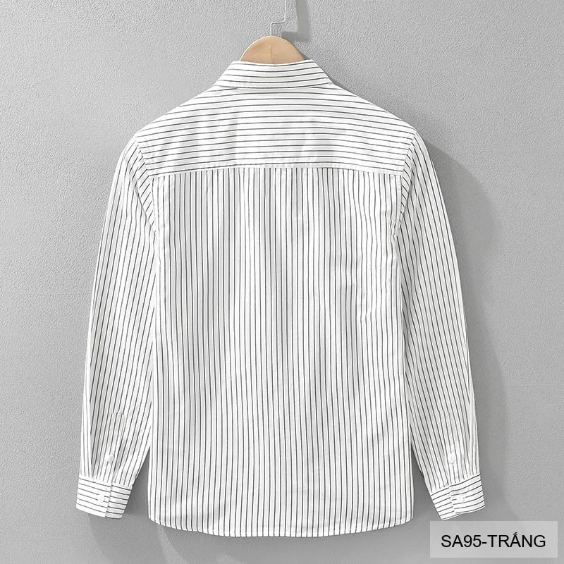 SA95 - Áo sơ mi nam dài tay sọc dọc phong cách Nhật Bản form rộng, chất cotton 100%, phối màu trắng đen - ảnh 2