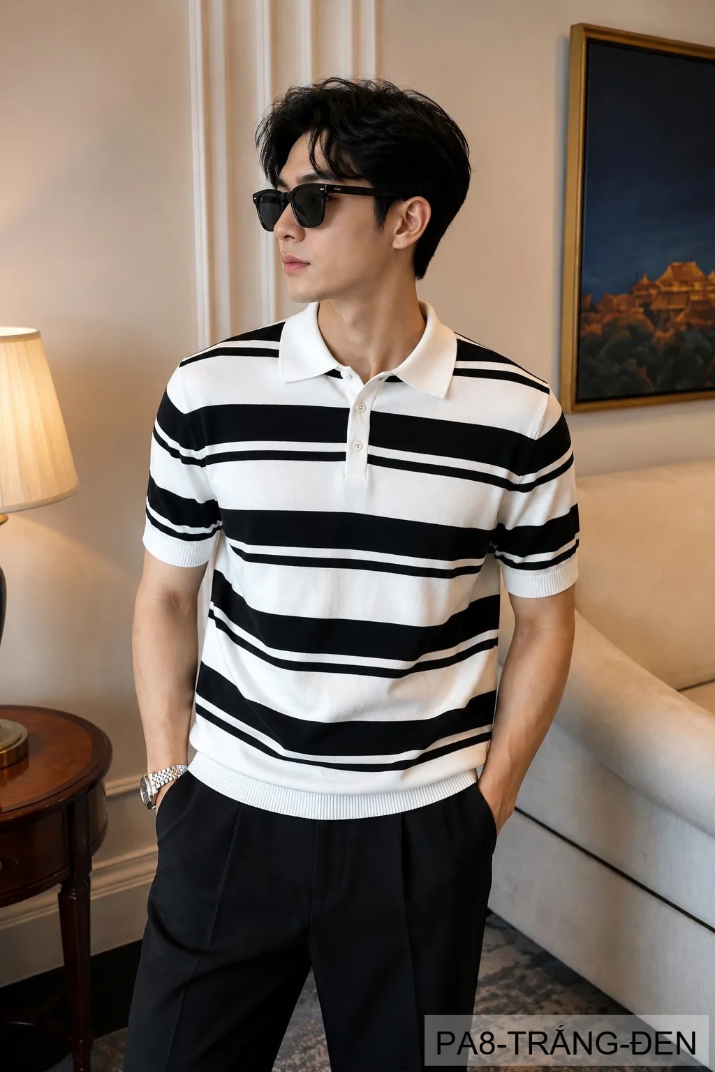 PA8 - Áo Polo nam sọc ngang đen trắng phong cách Anh, chất liệu nhẹ thoáng mát, tay ngắn cổ bẻ - ảnh 2