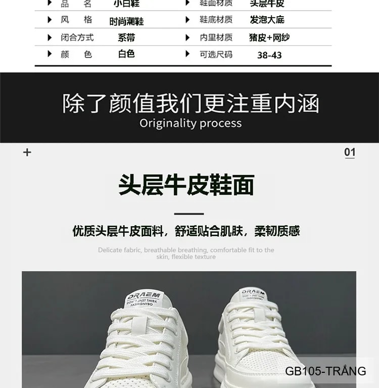 GB105 - Giày thể thao nam trắng đục lỗ, kiểu dad shoes thời trang, da thật thoáng khí, phù hợp sinh viên - ảnh 16