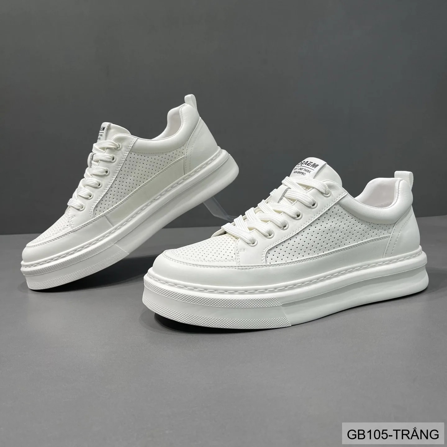 GB105 - Giày thể thao nam trắng đục lỗ, kiểu dad shoes thời trang, da thật thoáng khí, phù hợp sinh viên - ảnh 3