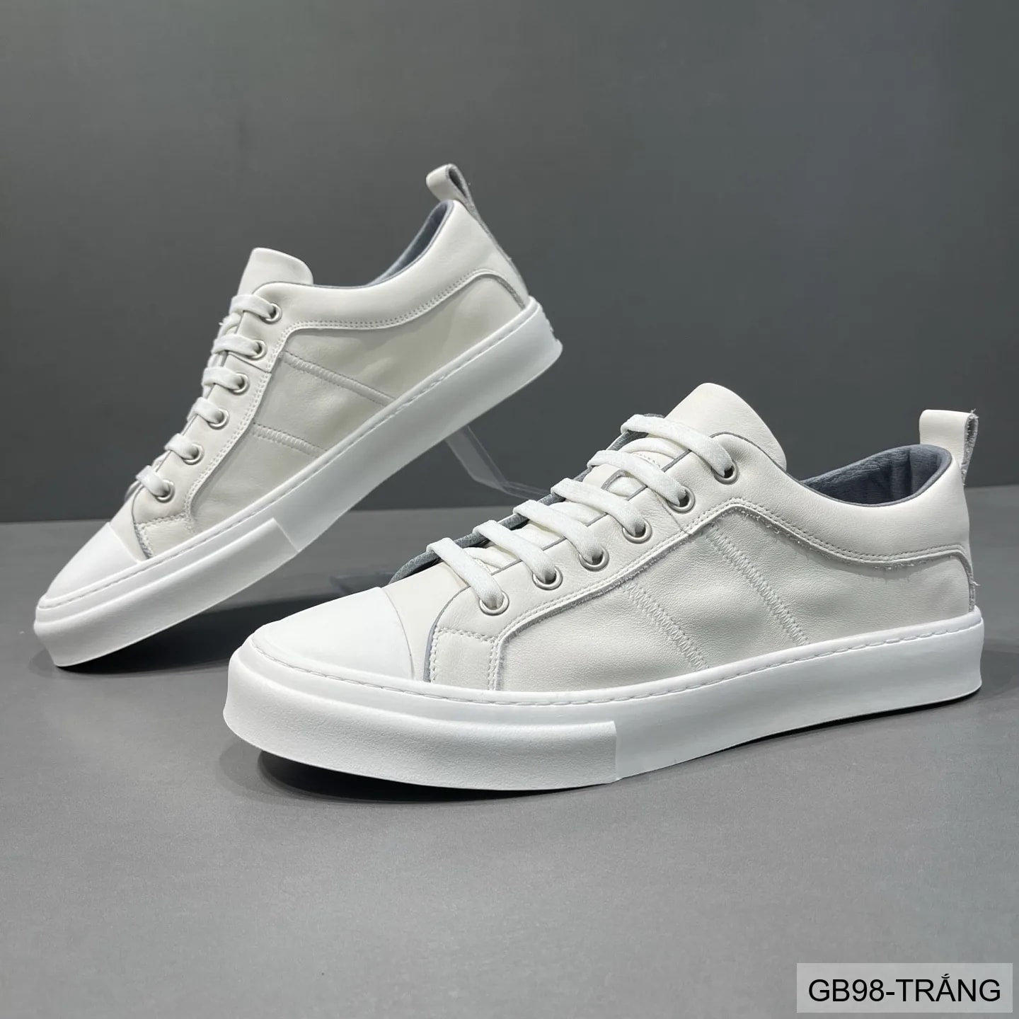 GB98 - Giày thể thao nam da thật cổ thấp phong cách sang trọng, đế trắng thoáng khí, phối màu trắng đen nâu - ảnh 1