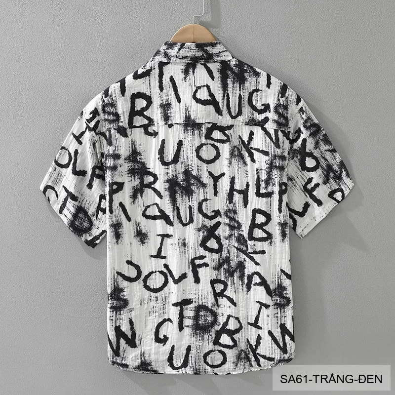 SA61 - Áo sơ mi nam tay ngắn in chữ nghệ thuật, form rộng, chất viscose mát mẻ, phối màu trắng đen - ảnh 6