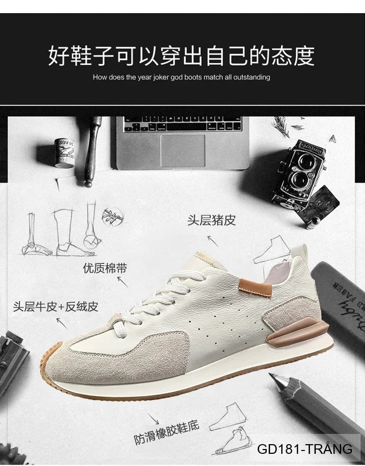 GD181 - Giày Nam Thể Thao Da Thật Đế Mềm Phối Màu Trắng Đen - ảnh 14