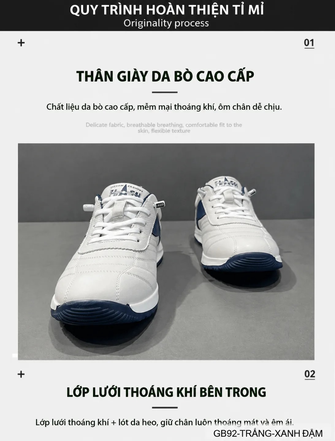 GB92 - Giày thể thao nam da bò trắng phối màu, phong cách thời trang thường ngày, đế bằng êm ái - ảnh 5
