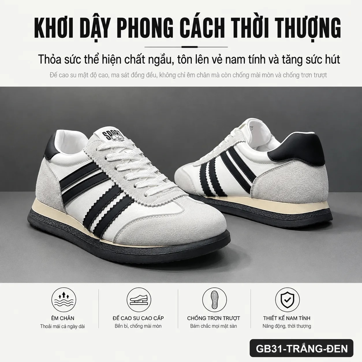 GB31 - Giày thể thao nam da thật kiểu dad shoes, đế bằng, thoáng khí, phối màu trắng đen kaki - ảnh 8
