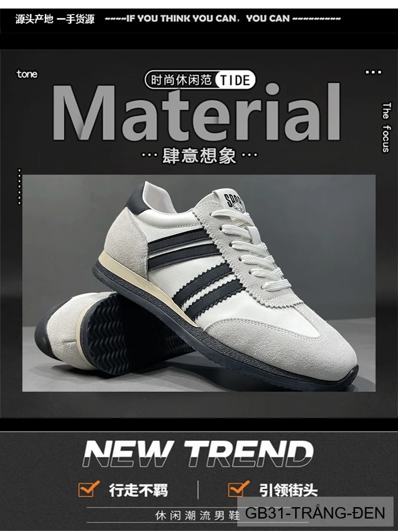GB31 - Giày thể thao nam da thật kiểu dad shoes, đế bằng, thoáng khí, phối màu trắng đen kaki - ảnh 7