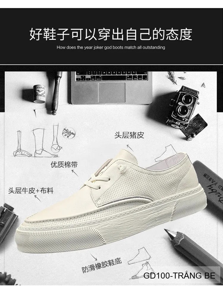 GD100 - Giày Nam Da Bò Trắng Be Phong Cách Thời Trang - ảnh 17