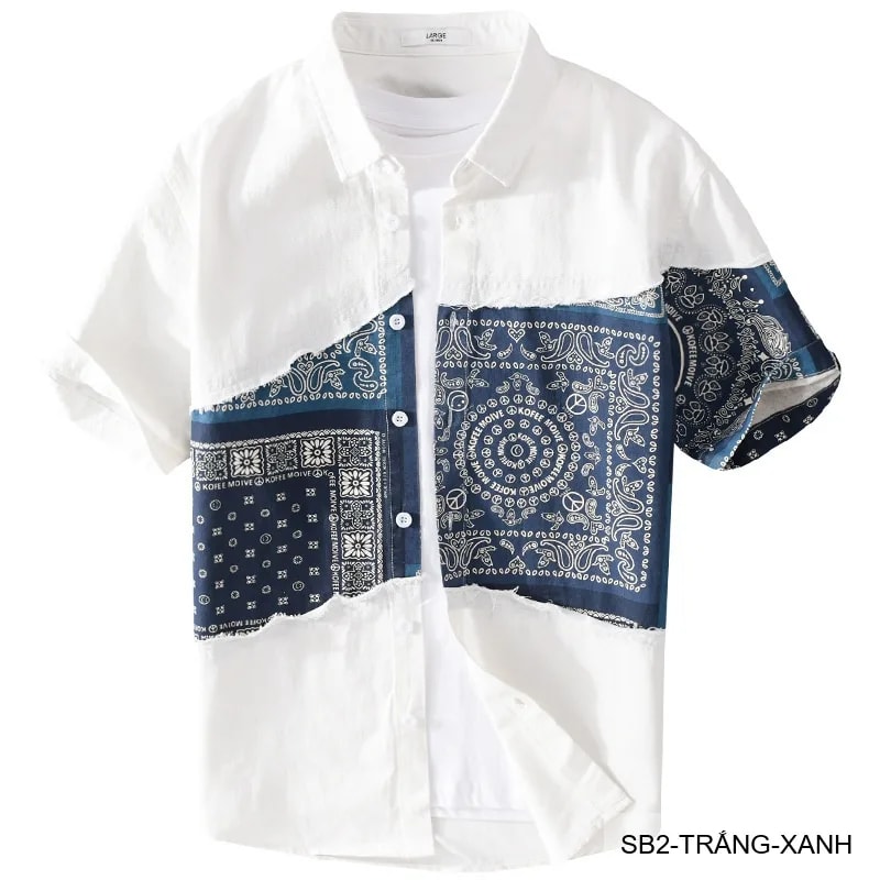 SB2 - Áo sơ mi nam ngắn tay phối màu bandana, cotton mát mẻ, dáng rộng streetwear mùa hè - ảnh 4
