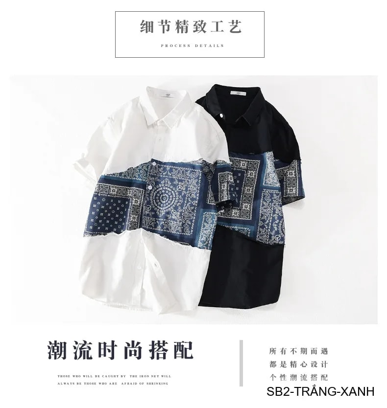 SB2 - Áo sơ mi nam ngắn tay phối màu bandana, cotton mát mẻ, dáng rộng streetwear mùa hè - ảnh 9