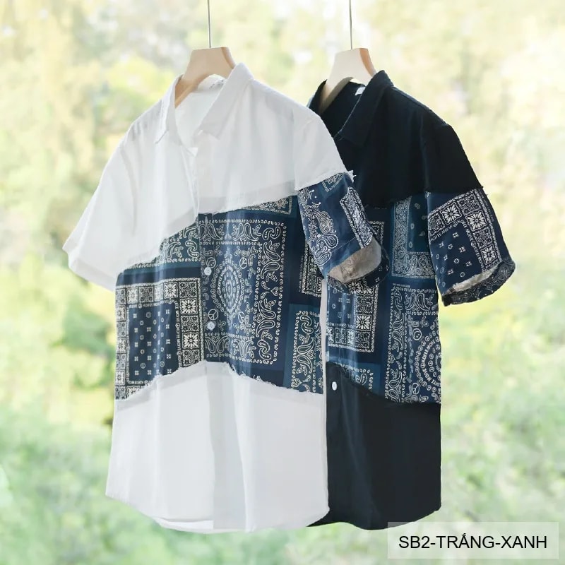 SB2 - Áo sơ mi nam ngắn tay phối màu bandana, cotton mát mẻ, dáng rộng streetwear mùa hè - ảnh 2