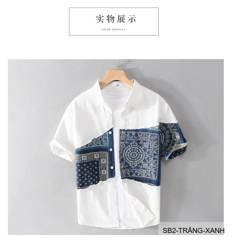 SB2 - Áo sơ mi nam ngắn tay phối màu bandana, cotton mát mẻ, dáng rộng streetwear mùa hè - ảnh 5