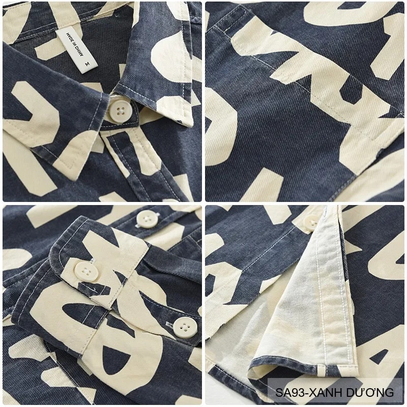 SA93 - Áo Sơ Mi Nam Tay Dài Phong Cách Nhật Bản In Chữ Đa Năng, Chất Cotton 100%, Màu Nâu & Xanh Dương - ảnh 4