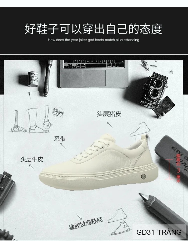 GD31 - Giày thể thao nam trắng da bò cao cấp, thiết kế khoét lỗ thoáng khí, đế cao su êm ái - ảnh 22
