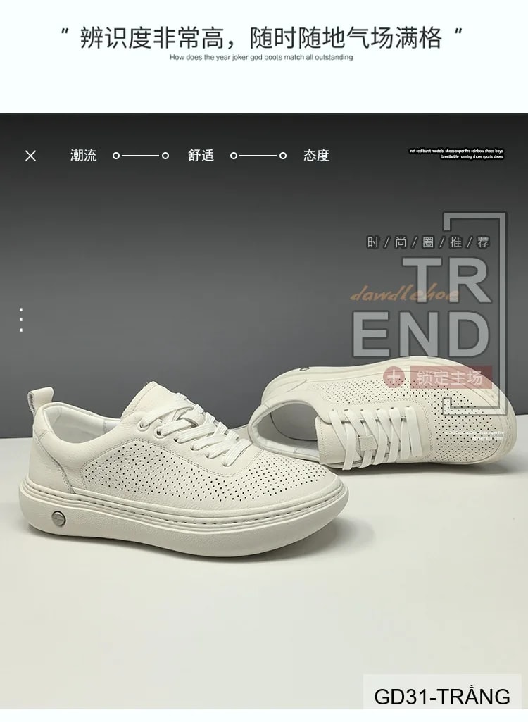 GD31 - Giày thể thao nam trắng da bò cao cấp, thiết kế khoét lỗ thoáng khí, đế cao su êm ái - ảnh 20