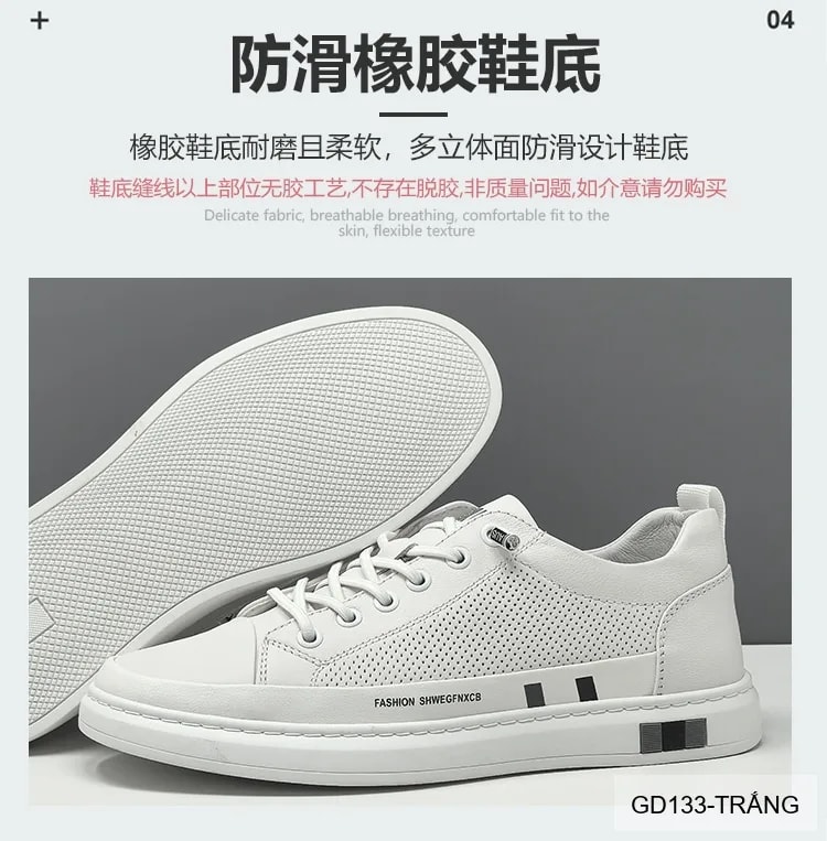 GD133 - Giày thể thao nam da thật phong cách Hàn Quốc, thiết kế thoáng khí, phối màu khối trắng đen - ảnh 15