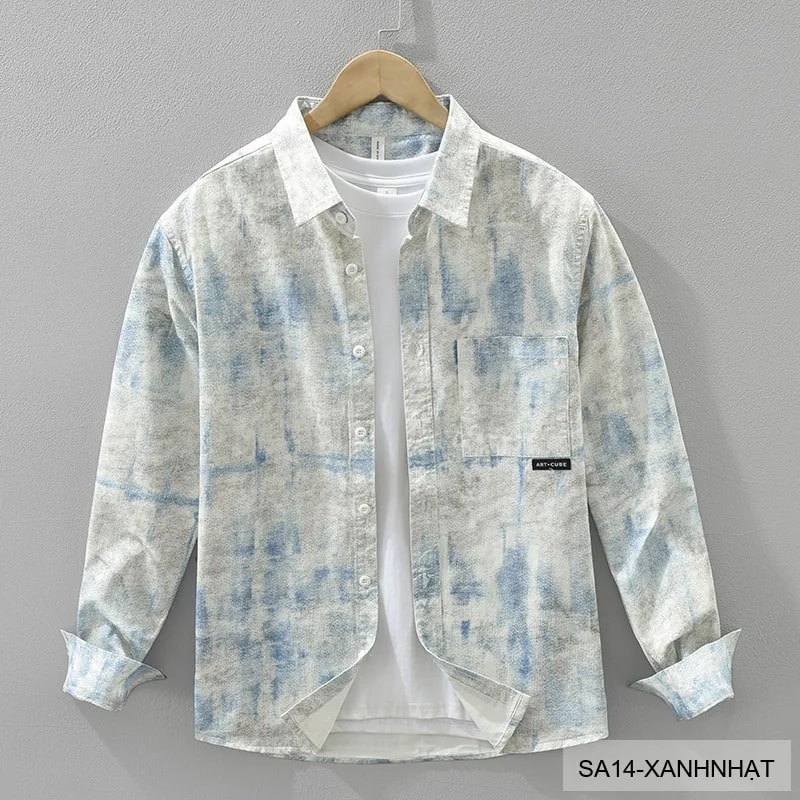 SA14 - Áo sơ mi nam dài tay in họa tiết phong cách Nhật, dáng rộng thoải mái, chất cotton mềm mại