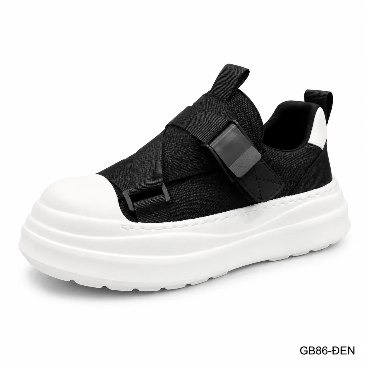 GB86 - Giày vải nam kiểu Hàn, đế dày êm, khóa cài tiện lợi, màu đen trơn, thời trang casual