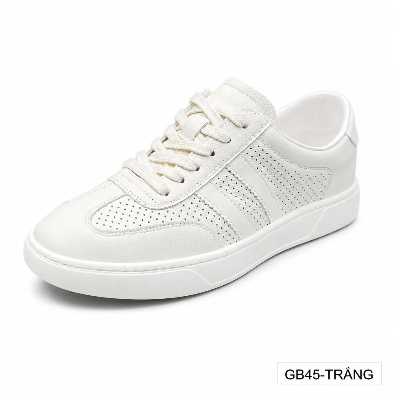 GB45 - Giày thể thao nam da thật đục lỗ thoáng khí, phong cách châu Âu sang trọng, trắng và trắng-xanh