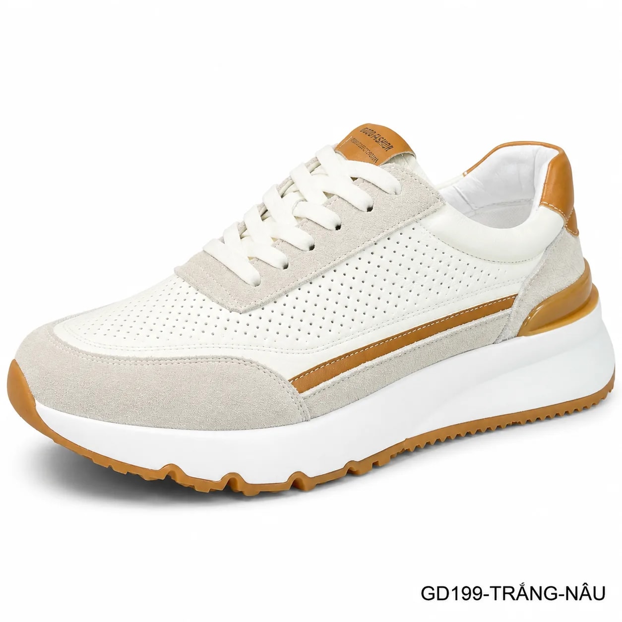 GD199 - Giày thể thao nam casual da thật đục lỗ thoáng khí, phối màu trắng nâu, mẫu mới 2026