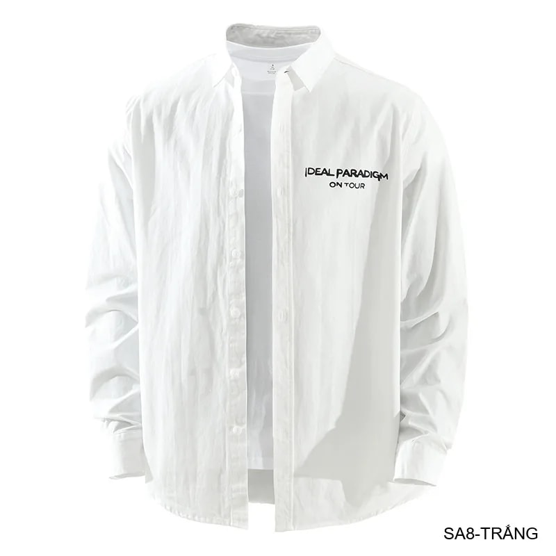 SA8 - Áo sơ mi nam dài tay phong cách, in chữ cá tính, chất cotton mềm mại, dáng rộng thoải mái