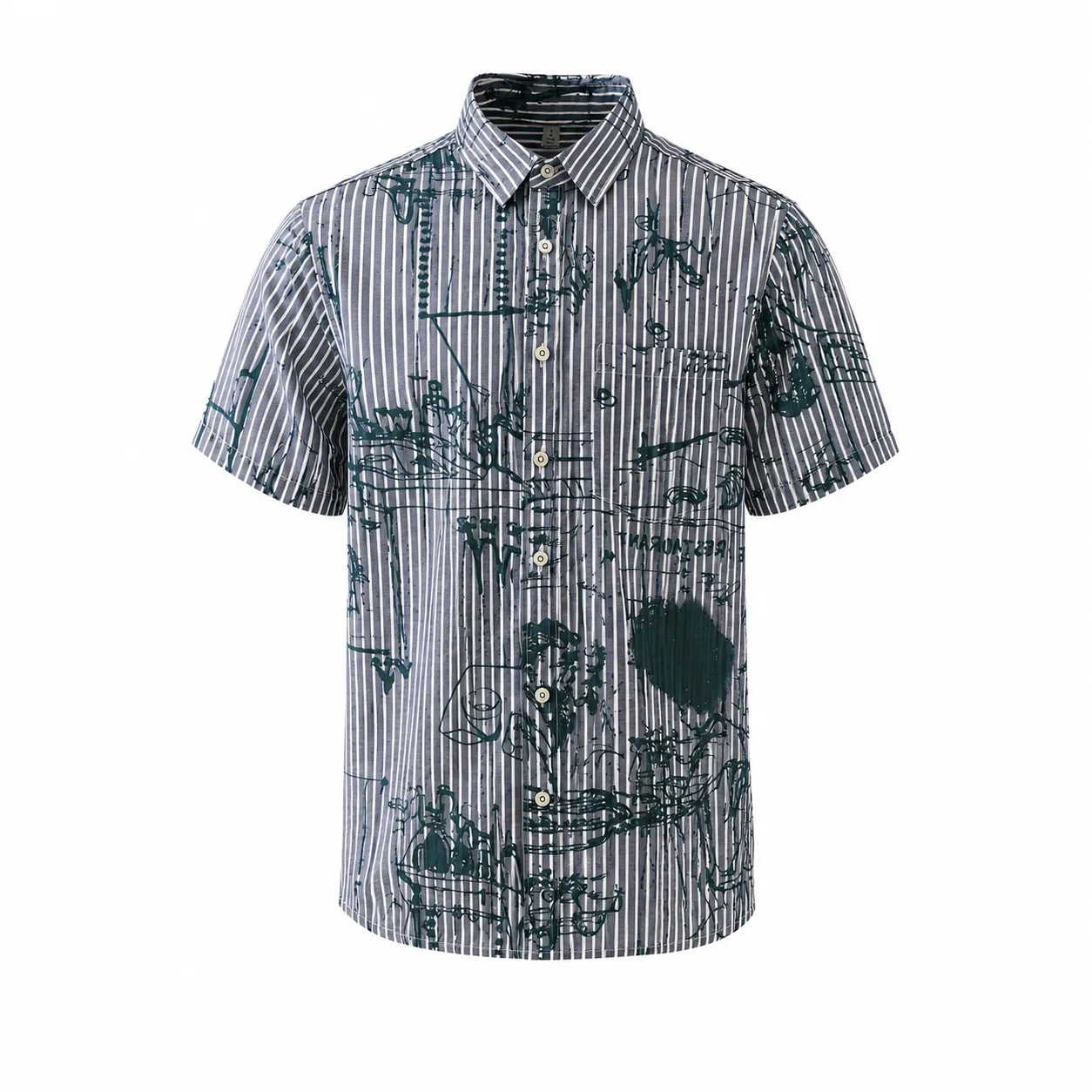 SA27 - Áo sơ mi nam ngắn tay họa tiết sọc và vẽ tay phong cách streetwear, chất liệu polyester mềm mại, form rộng thoải mái