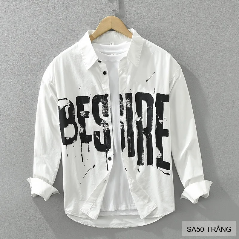 SA50 - Áo Sơ Mi Nam Dài Tay In Chữ Phong Cách Nhật Bản, Chất Cotton Mềm Mại, Phù Hợp Mặc Hàng Ngày