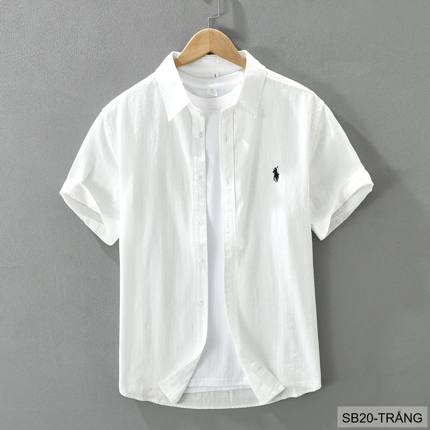 SB20 - Áo sơ mi nam tay ngắn phong cách Nhật, chất cotton thoáng mát, thêu logo nhỏ, dáng rộng thoải mái