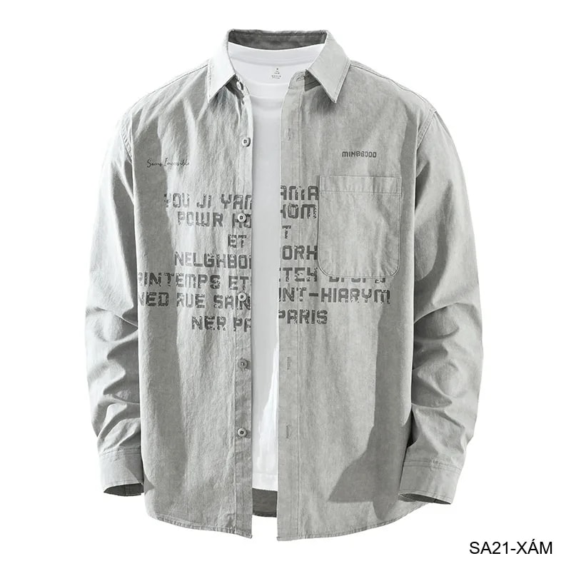 SA21 - Áo sơ mi nam dáng rộng phong cách Nhật Bản, cổ bẻ, tay dài, họa tiết chữ, chất cotton mềm mại